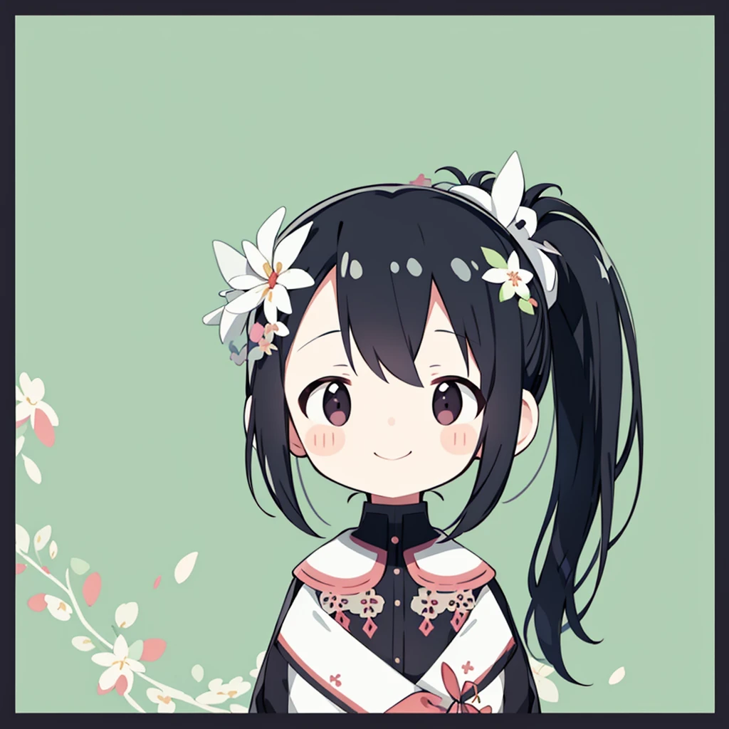 Transparent watercolor、girl、Gemstone Eyes、Beautiful arrangements and motifs、Depth of written border、Flat avatar, 1girl, smile, Wink、Close one eye、Black Hair((side ponytail)), White tips, 、Background white、Cherry blossom petals, Cute girl, Modest clothing, Black tights
