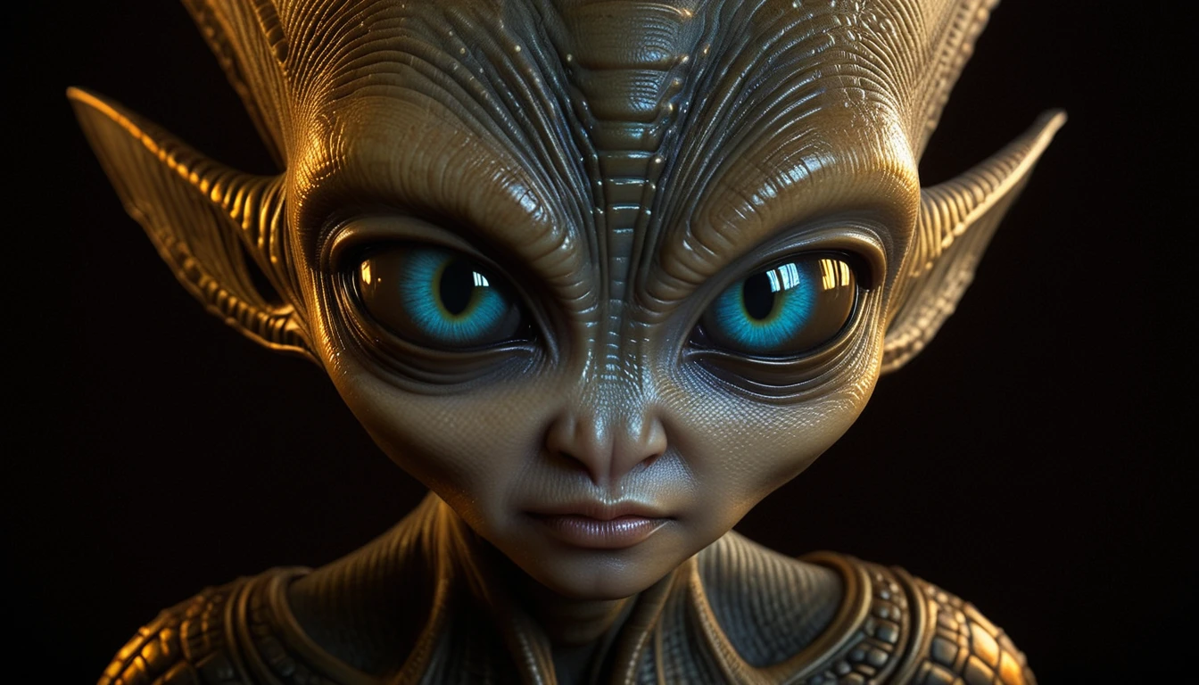 2d art of alien, in the style of textured illustrations, dark gray and bronze, online sculpture, naoto hattori, jeremy lipking, dark sky-blue and orange, intense close-ups subsurface scattering, Photorealistic, Hyperrealistic, analog style, realistic, film photography, soft lighting, heavy shadow, subsurface scattering, Photorealistic, Hyperrealistic, analog style, realistic, film photography, soft lighting, heavy shadow