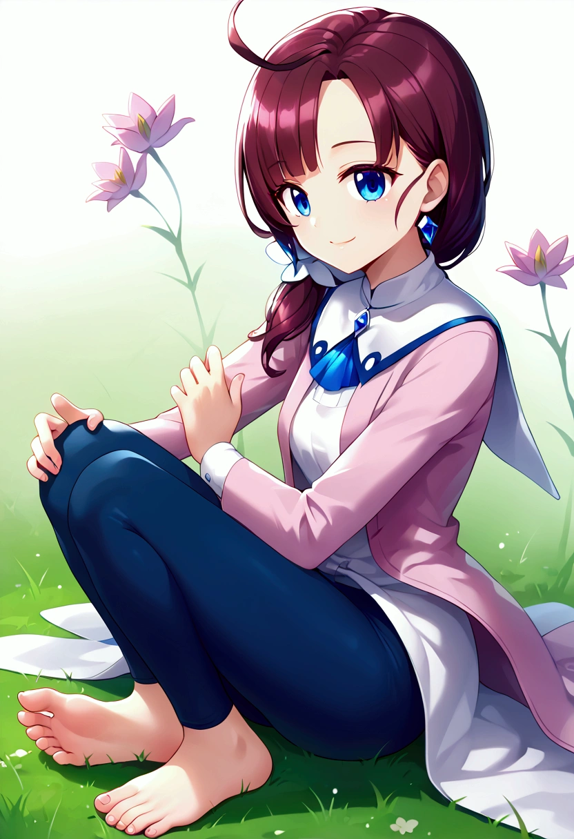 masterpiece, best quality, official art, professional artwork, highres, lens flare, (vibrant_color:1.2), 1girl, solo, lacey, medium hair, smile, pink coat, neckerchief, white shirt, [beautiful hands, beautiful fingers, perfect hands, detailed hands, perfect fingers, detailed fingers:1.1, five fingers:1.2, good hands, beautiful fingers, perfect feet:1.2, detailed feet:1.2, toes, perfect toes:1.1, detailed toes, five toes:1.3, delicate feet, good toes, beautiful toes, white background], blue pants, barefeet, sitting, full body:1.3, lotus position, expressionless:1.3, LotusPosition, Lotus position