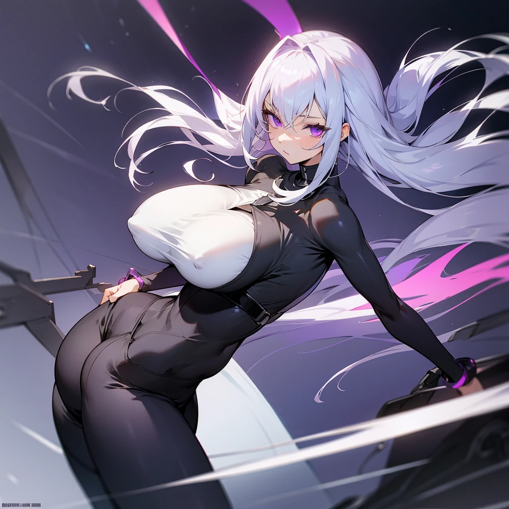 Anime woman white hair purple eyes big ass big tits in leggings and black top