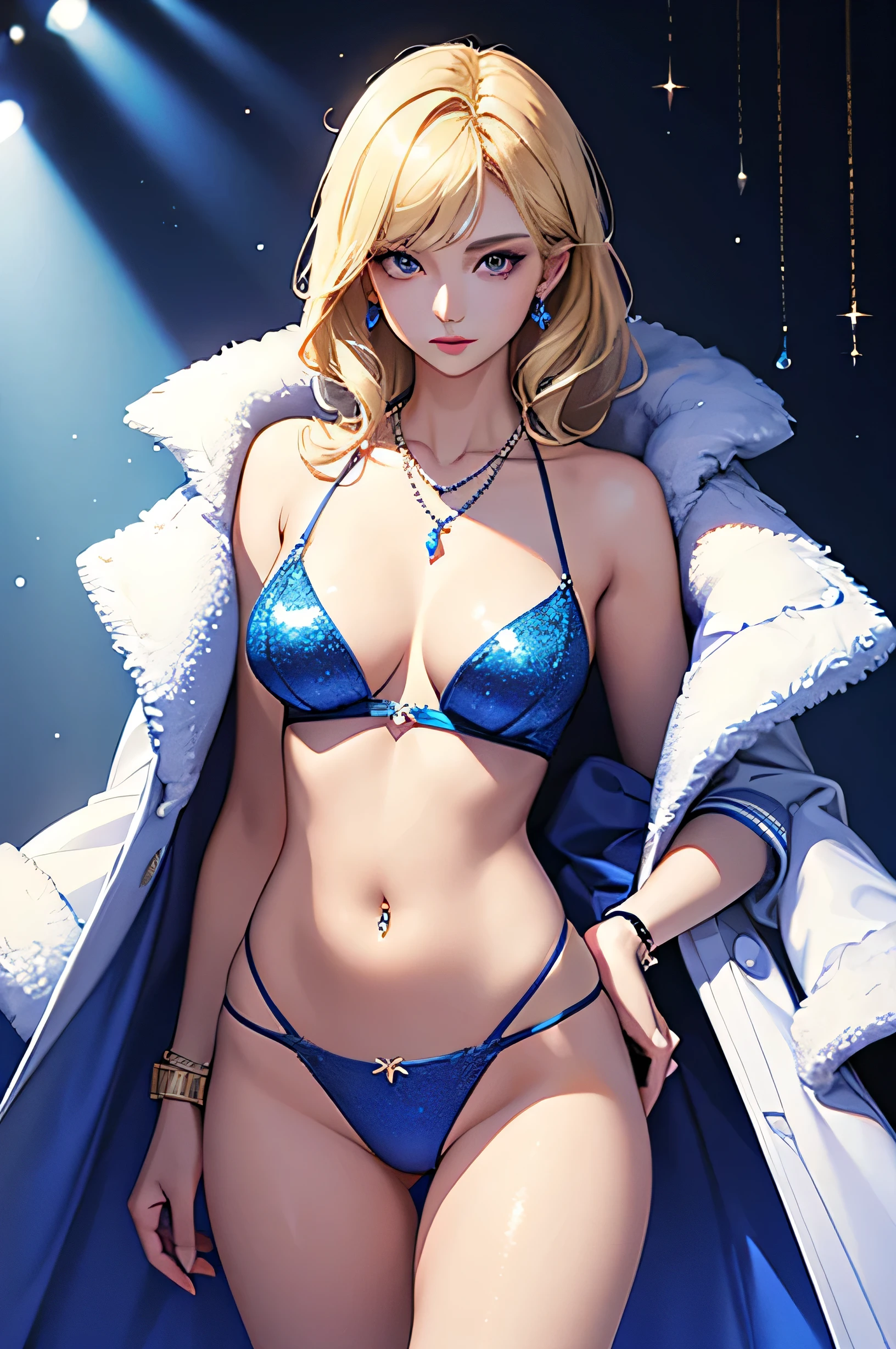 Beautiful and sexy woman。Sparkly Necklace。Belly Piercing。Blonde。Luxury Watches。Blue underwear and white coat。Blue light backlight。Front facing。