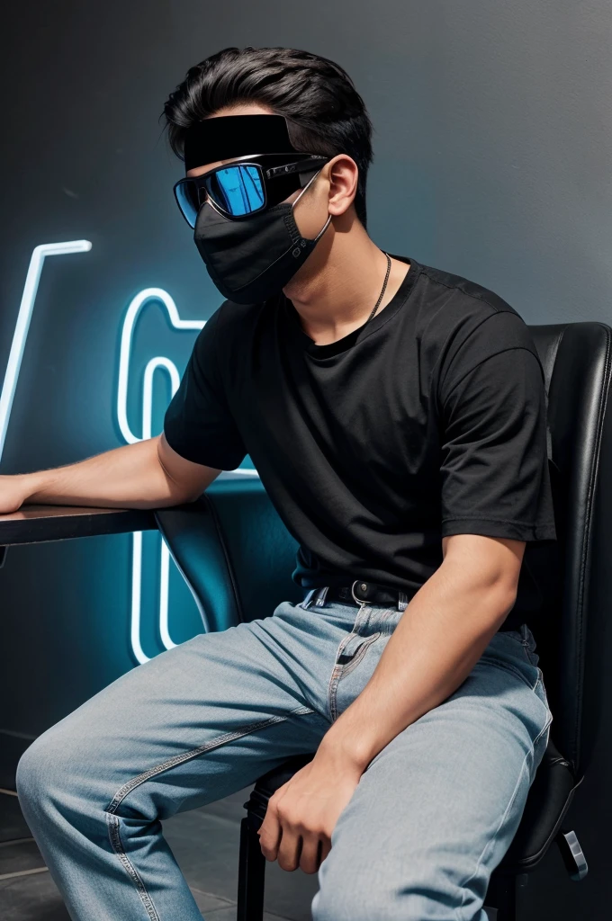 create a 3D illusion for a profile picture where a 23 year old boy cute BOY in a BLACK shirt sitting casually on a wingback Horse, wearing sneakers, with black mask, and sunglasses, be looks ahead, the background features RAJ in big and capital Light Blue neon light font on the dark grey wall, there should not be his shodow, and there are wings to make it appear as if be is an angel.