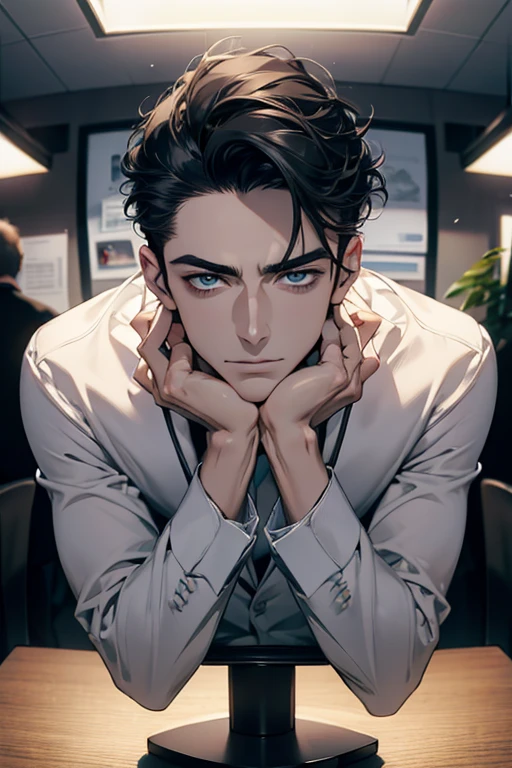 (Best Quality,4k,8k,high resolution,Masterpiece:1.2),ultra detailed,(realist,photorealist,photo-realist:1.37),1 man,31 years,mature man,very handsome,without expresion,muscled body,short gray black hair,Blue eyes,glare,perfect face without mistakes,imposing posture,businessman,office background,cinematic lighting,imagen HDR
