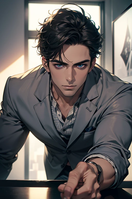 (Best Quality,4k,8k,high resolution,Masterpiece:1.2),ultra detailed,(realist,photorealist,photo-realist:1.37),1 man,31 years,mature man,very handsome,without expresion,muscled body,short gray black hair,Blue eyes,glare,perfect face without mistakes,imposing posture,businessman,office background,cinematic lighting,imagen HDR