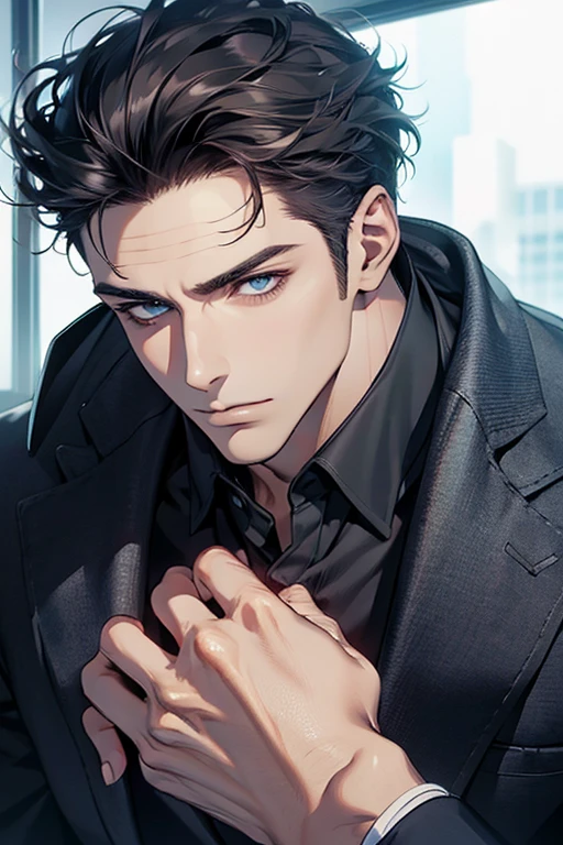 (Best Quality,4k,8k,high resolution,Masterpiece:1.2),ultra detailed,(realist,photorealist,photo-realist:1.37),1 man,31 years,mature man,very handsome,without expresion,muscled body,short gray black hair,Blue eyes,glare,perfect face without mistakes,imposing posture,businessman,office background,cinematic lighting,imagen HDR
