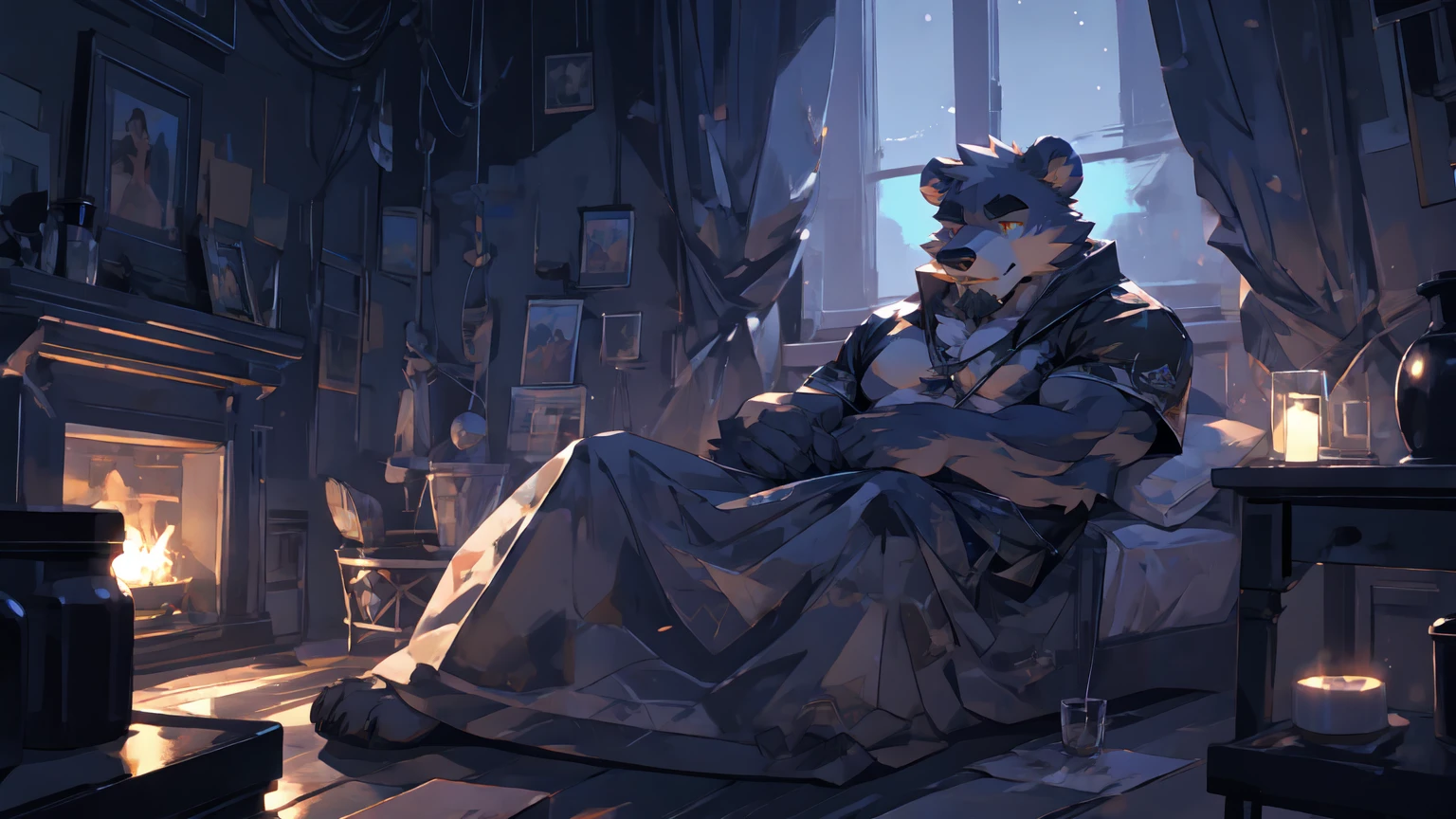 (masterpiece:1.2), best quality,pixiv,official art,perfect anatomy, (Ray tracing, light),solo, (1_male:1.3) , (muscle), (grey fur:1.4), (muscle bear), (beard:1.2), (gleaming golden eyes), bear tail, Thick black eyebrows, (clothesless :1.2), underwear, barefoot , big window, moonlight, night view, indoor, sleeping on a big bed, cover blanket, close eyes