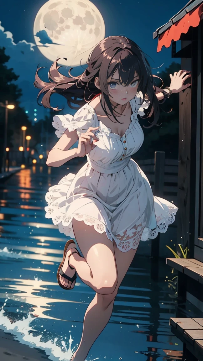 Top quality. Anime style, young woman in white lace dress, long hair, background is moonlit seaside, running. Holding sandals in one hand