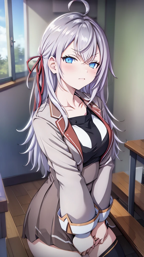 - Anime girl with long white hair and blue eyes - Wearing a Japanese  - Serious expression、Arms crossed - White blouse and brown skirt - Red ribbon on the collar - White thigh-high socks with decorative patterns