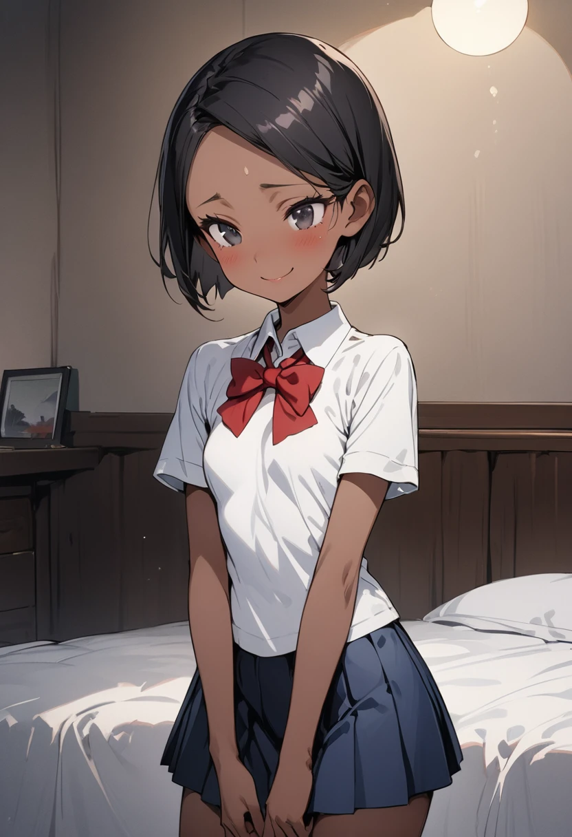 ((masterpiece,Highest quality:1.3,best quality illustration)),cowboy shot,独奏,1woman,12 year old beautiful girl、black hair,short bob hair,(center parted bangs),black eyes,(gorgeous eyes),shy,smile,((Slender,skinny)),(tan skin),small breasts,(Collared short-sleeved shirt、red bowtie,Navy blue pleated mini skirt),gleaming skin,oily skin,Slender body, Simple bedroom、Tokyo、