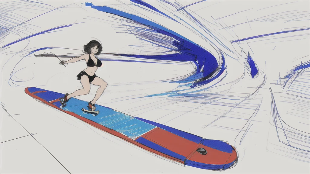 a drawing of a bikini girl riding a skateboard down a street, rough abstract sketch, sketch of a lucid dream, sketch of an ocean in ms paint, rough sketch, scribble sketch, detailed but rough, old sketch, impressionist drawing, sketched 4k, drawn with photoshop, black ink rough sketch, inspired by Matthijs Maris, line sketch, loosely drawn,