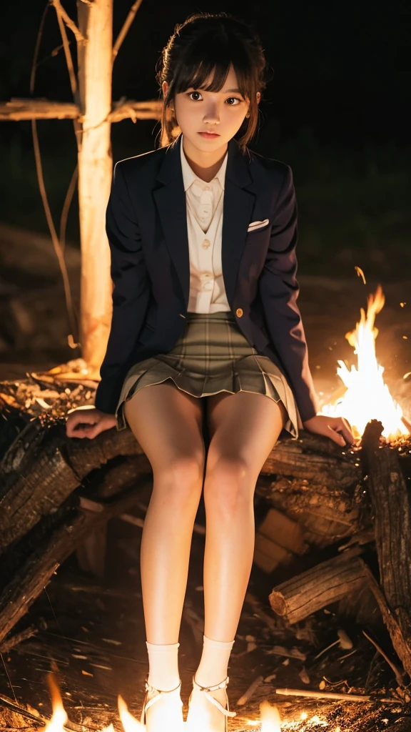 masterpiece, Highest quality, One girl, alone, Nahida_Genshin Impact, Cruciform pupil, ,blazer, Pleated skirt, sitting in front of a bonfire at night