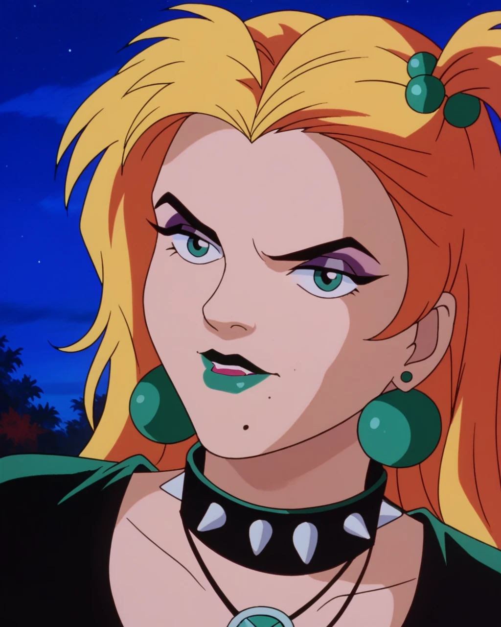 score_9, score_8_up, score_7_up, zPDXL, SD90style, retro artstyle, source_cartoon, 2D, goth fashion, Duskhex, Green lipstick, no eyebrows, green earrings, jewelry, blonde hair, spiked collar, mole under mouth, makeup, spikes, sky, hair ornament, choker, lipstick, hair bobbles, night, black eyes, short hair