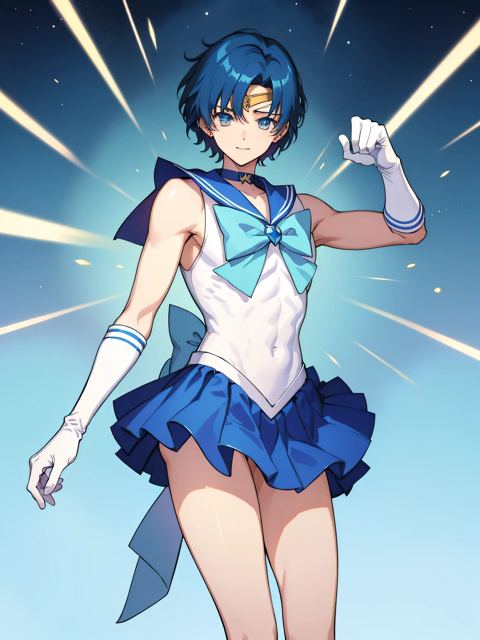 Sailor Warrior Uniform、sparkle、Sailor Mercury as a male hero、Anime Boys、Male middle school student、Mizuno Ami、Sex change、Sex change(Girl to boy)、Circlet、Blue sailor collar、solo、Sky blue bow tie、Blue Eyed Boy、A boy with very short blue hair、Blue Skirt、manly face、Blue choker、Blue knee boots、skirt、bow、sky Blue_back_bow、rating:safe、bootagic Boy、Bare shoulders、bare legs、knee_boots、sparkle_background、Muscular and strong、White gloves、jewelry、smile、Strong muscles、Elbow Handbags、Earrings、Blue_bow、(male body:1.3)、sky Blue_bow、Mouth open、sky Blue_bow_tie、White leotard、High leg leotard、White Dress、full_body、Male Body、Blue background、White background、looking_at_viewer、Cowboy Shot、Male focuuscular man、mini skirt、Pleated skirt、(1990s\(style\):0.9)、Ecchi anime style、Fascinating Anime Boys、Classic Boy、Hymn to the King as a Prince、Top quality anime art style、Anime Moe Art Style、masterpiece、High definition anime art、Anime style 4K、High resolution、