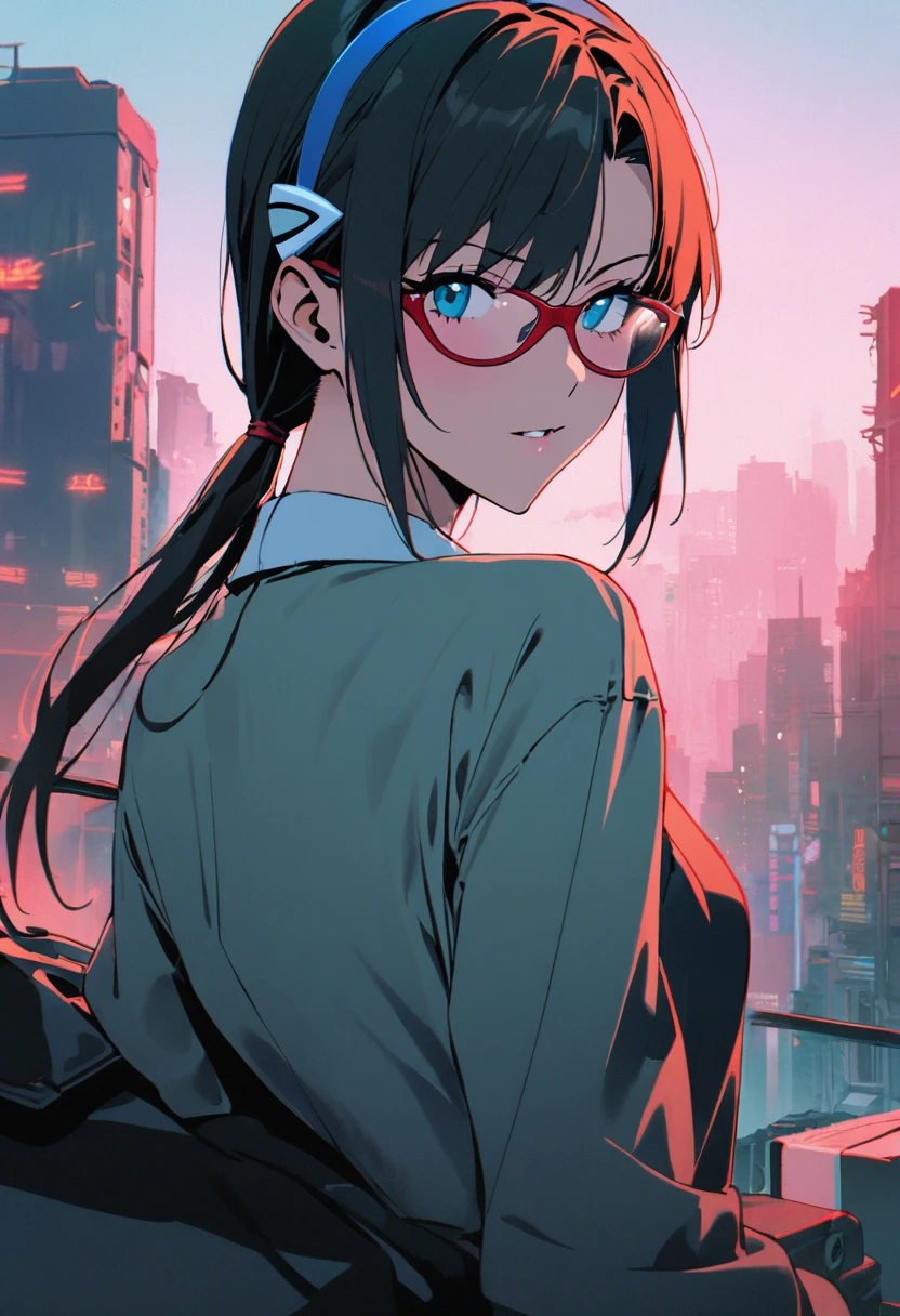 1girl, makinami mari illustrious,glasses, neon genesis evangelion,duotone green and blue, cyberpunk setting,masterpiece, best quality, absurdres,