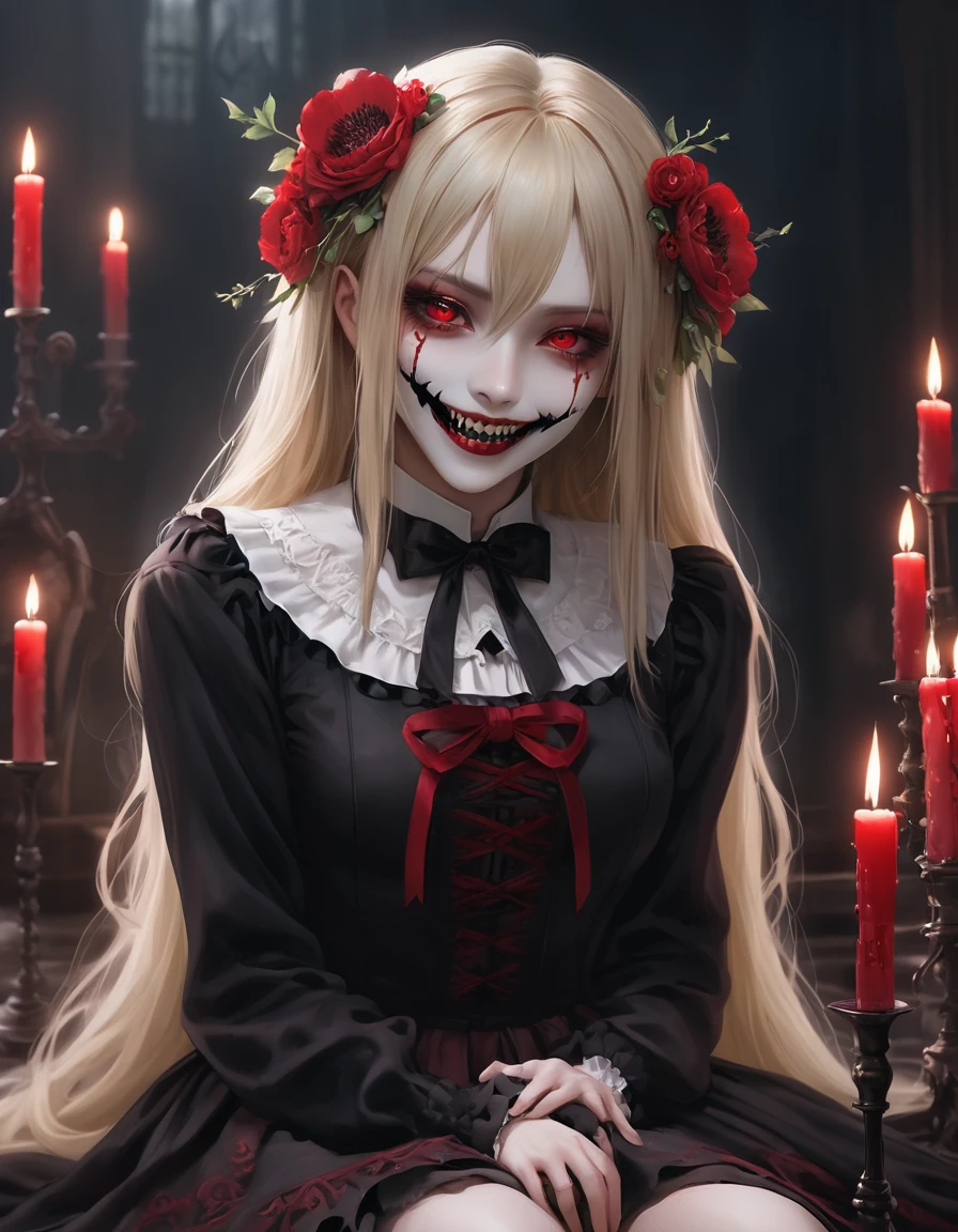 masterpiece, Highest quality, High resolution,(Highest quality,4K,High resolution,masterpiece:1.2),Very detailed,Realistic:1.37,masterpiece, Highest quality, Exquisitely crafted, woman, beautiful, elegant, smile, Blood, iridescent Long Hair, bangs, skirt, shirt, Long sleeve, Frills, shoes, (Red and Black:1.4), flower, spooky, Horror, 頭蓋Bones, Long Hair, Black Hair, Candles, Blood, hair flower, Dead, hair ornaments, Bone, doll, 頭蓋Bone, skeleton, Horror (theme),spooky altar background,Dark fantasy,Red color scheme,Ominous atmosphere,eyeを引く,Storytelling,anatomy,Anime Style,Concept Art,beautiful細部までこだわった顔と (((赤いeye ))),A terrifying ritual ,Satanic Ritual,Premature death,Misconduct,クレイジーなsmile,Scythe Face,Girl Monster, beautiful, Delicate facial features, 鋭いeye, Sharp Fangs, 青White skin, blonde,robot,Cursed Painting, Dark Background, Cinema Lighting, Dramatic Shadows, Gothic style, Gloomy atmosphere, Dark fantasy, One Girl, , Please open your mouth wide, Open your mouth and baring your teeth,Sharp teeth like a beast, Wide lips, very wide mouth, Vermilion cheeks, ,(Bloodしぶき:1.4),Scary smile, smile,Fallen angel design, ねじれたsmile、Bloodまみれの、頭からの出Blood,、Bloodしぶき、,(Bloodしぶき:1.4),Crossbones, 頭蓋Bone,Horror 一人の男の子, Cream colored hair, Gray Hair, Pearly hair, nice boy, Bunny ears, Loose-fitting clothing, Larger clothes, dark red eye, eyeの下のたるみ, dark circles under eye, やみcute, Fluffy hair, Voluminous Hair, skinny, slim, very skinny, Androgynous, cute, spooky, short hair, Horror, Faded colors, White skin, spooky, Unnaturally thin, I&#39;m hungry, eye, eye in background, sharp eye, Long eyelashes, Under the eyelashes, Loose shorts, レースshirt, Frillsshirt, Tie the ribbon&#39;head, Detailed clothing, A loose cardigan, Open cardigan, 滴るBlood, that&#39;terrible, nightmare, Haunted, stitch, patchwork, string, Injury, hell, Injury on arms, self-harm, cut, Black Fingers, factory, Abandoned, A dismembered ghost,Many heads,Many heads,Lots of faces,Multiple faces,Multiple Girls,Frolicking Girl,複数のwoman,tea ,クレイジーなsmile,look up,Face shot,Scythe Face,Girl Monster, slave,beautiful, Detailed portrait, Delicate facial features, 鋭いeye, Sharp Fangs, 青White skin, Thick chain, Dark Background, Cinema Lighting, Dramatic Shadows, Gothic style, Gloomy atmosphere, Dark fantasy, One Girl, , Please open your mouth wide, Open your mouth and baring your teeth,Sharp teeth like a beast, Wide lips, very wide mouth, Vermilion cheeks, ,(Bloodしぶき:1.6),Scary face, Laughter　Witch design, ねじれたsmile、Bloodまみれの、頭からの出Blood,,、Bloodしぶき、,(Bloodしぶき:1.6),Crossbones, 頭蓋Bone,　, Horrorスタイル, ((Fantasy Witch Costume)), ((Flowing white hair)), ,(Bloodしぶき:1.6),womanの曲線, Large Breasts, Thick thighs, Sexy flat stomach, Perfect hands, Perfect anime face, ((dark lolita dress)), Are standing, ((邪悪なsmile)), ,(Bloodしぶき:1.6),Victorian cities, gaslight, Steam circulates, Moonlight Illumination, night lighting, A sky filled with stars and galaxies,disaster々new devil horns,,(Bloodしぶき:1.6),アニメゾンビWitch design, ねじれたsmile、Bloodまみれの、頭からの出Blood,,、Bloodしぶき、,(Bloodしぶき:1.6),Crossbones, 頭蓋Bone,,Photo Background,Wide Shot,Scythe Face,Girl Monster, slave,beautiful, Detailed portrait, Delicate facial features, 鋭いeye, Sharp Fangs, 青White skin, Thick chain, Dark Background, Cinema Lighting, Dramatic Shadows, Gothic style, Gloomy atmosphere, Dark fantasy, One Girl, , Please open your mouth wide, Open your mouth and baring your teeth,Sharp teeth like a beast, Wide lips, very wide mouth, Vermilion cheeks, ,(Bloodしぶき:1.6),Scary face, Laughter　Witch design, ねじれたsmile、Bloodまみれの、頭からの出Blood,,、Bloodしぶき、,(Bloodしぶき:1.6),Crossbones, 頭蓋Bone,　, Horrorスタイル,