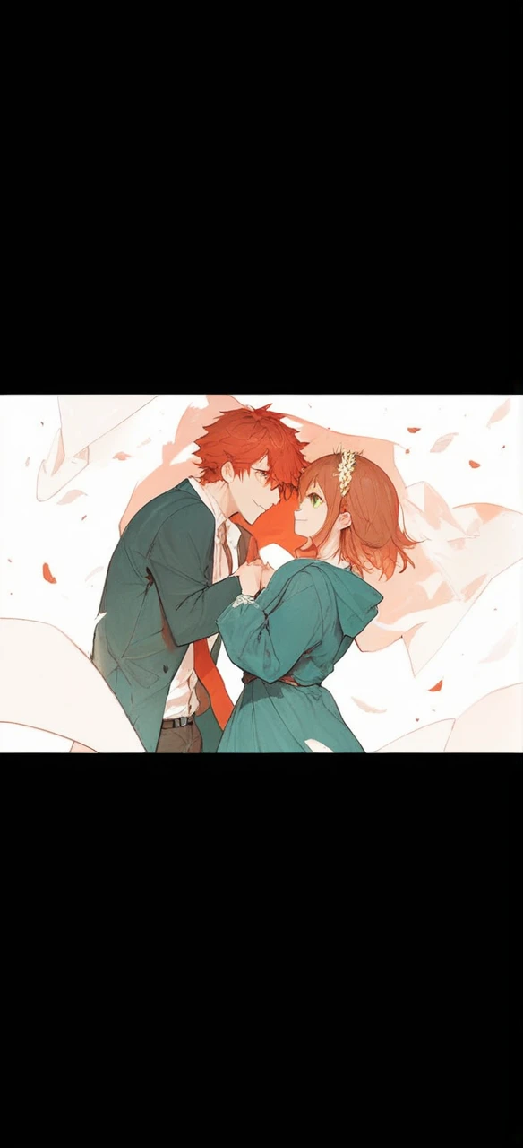 make otoya ittoki character from uta no prince sama with red hair and red eyes, smiling while looking straight at a girl with long brown hair, have green eyes, with a slight smile, both facing each other, with a field of sunflowers background, that the boy has a black suit and the girl has a light blue dress