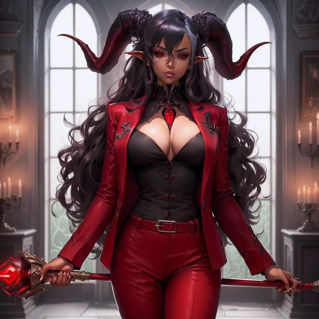 arafed woman in a red suit holding a red cane with a skull, tiefling, beautiful succubus, beautiful elegant demon queen, succubus, succubus | medieval, demon girl, tiefling female warlock, diablo 4 lilith, white horns queen demon, androgynous vampire, portrait of a female demon, demon anime girl, extremely detailed artgerm, dark skin, cleavage, large breasts
