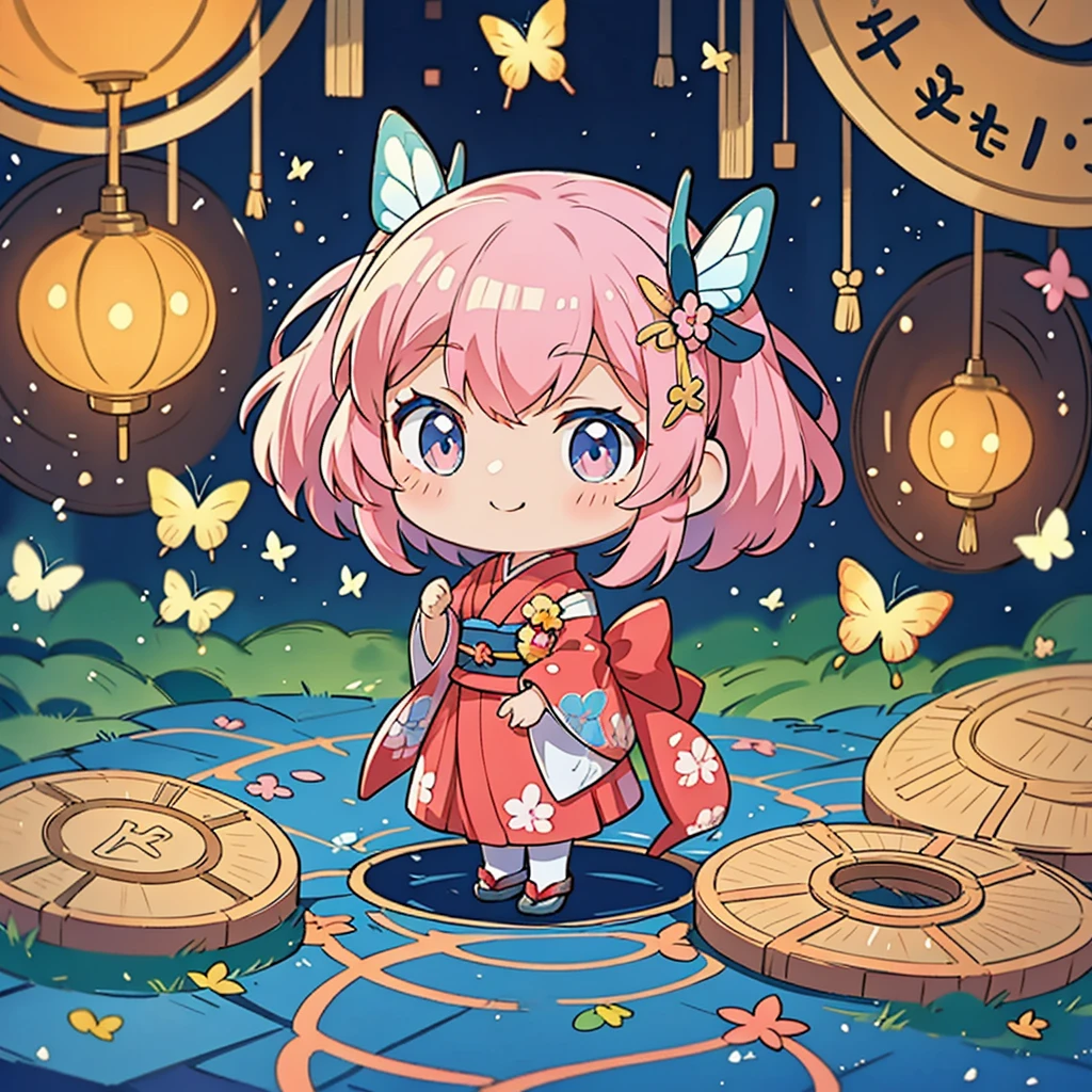 Anime characters in Japan（chibi girl、smile、kimono、butterfly hair ornament）There is a manhole cover with a、colorful