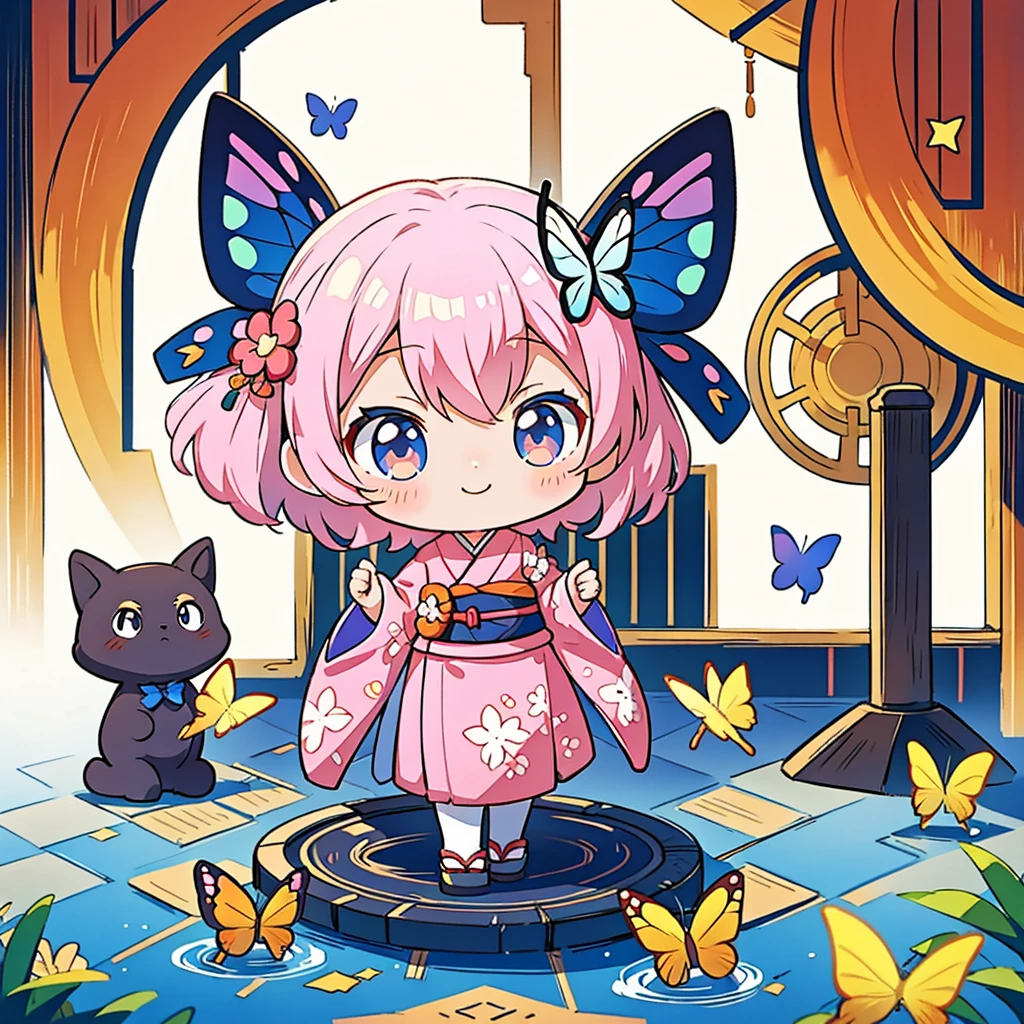 Anime characters in Japan(chibi girl、smile、kimono、butterfly hair ornament)There is a manhole cover with a、colorful