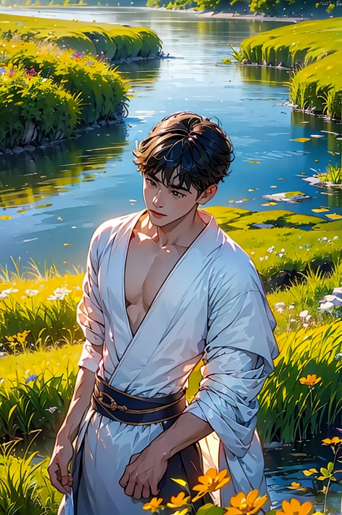 (in 8K、top-quality、masterpiece:1.2)、1 boy、short-haired、Hair short、Brown-skinned、Green View、