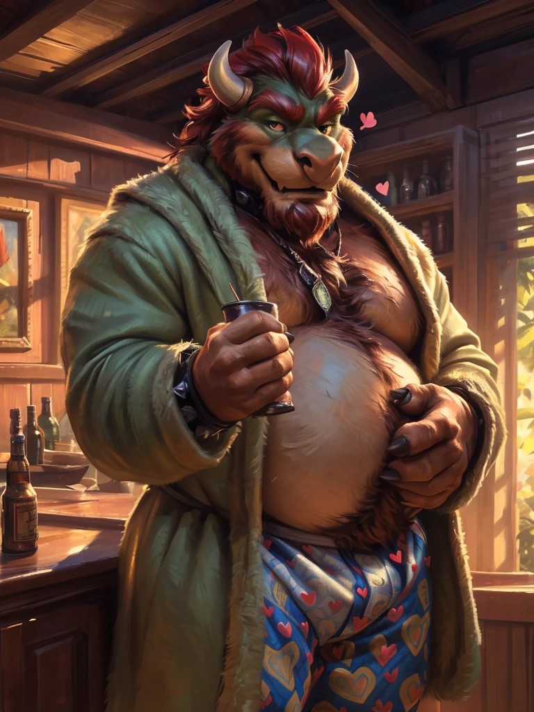 bowser, long beard, seductive smile, happy trail,smirk, (red hearts pattern white long boxers:1.5),(green bathrobe:1.3),indoors, bedroom, male focus, Big belly, chubby, happy trail, fat, overweight male, obese male,(intricate, high detail, film photography, soft focus, RAW candid cinema, photorealism, realistic, photorealistic, analog style, subsurface scattering, masterpiece, best quality, ultra realistic, 8k), by darkgem, by bruteandbrawn, by personalami, by kenket house, drunk, seductive smile,