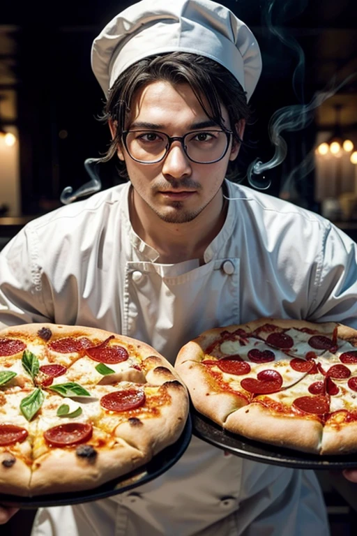 make an image of a chef holding two pizzas he wears glasses and the pizzas are smoking