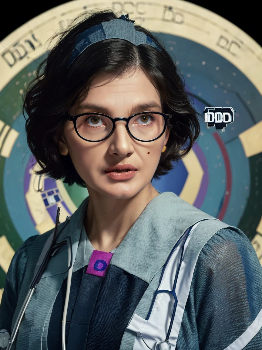 Portrait of a female hyperrealist by David Hockney and Alphonse Mucha, photorealistic, dynamic lighting, art station, poster, volumetric lighting, highly detailed face, 4k, award-winning, 1woman, darkness, deep shadows, low key, portrait, (((((Doctor: 1.4)))), shorthair, black hair, glasses