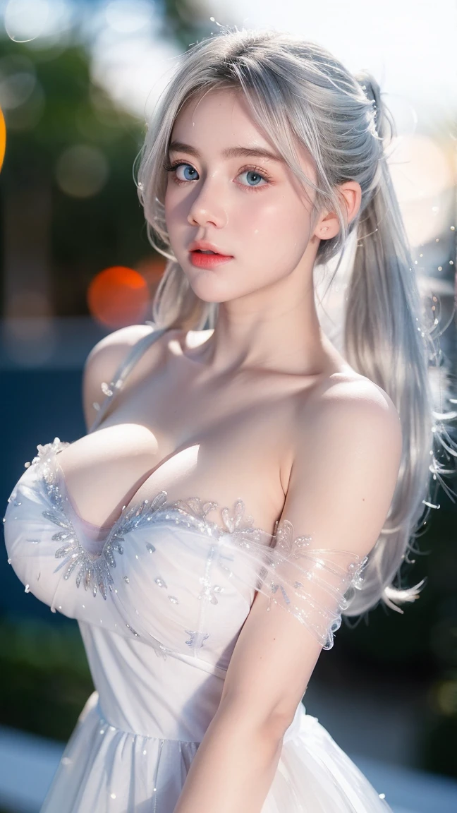 Georgeous, Beautiful, Cute, , 18 Years Old, Whitkin, Cleavage, ((Large Colossal Breast:1.3)), Sleeveless, Off Shoulder, Strapless, ((Transparent:1.3)), ((White Long Lolita Dress)), (Embroidery), Posing, ((Silver Hair)), ((Bright Blue Eye)), ((Muscles:1.3)), ((Bokeh:1.3)), Animal Farmer Background, Masterpiece, Twintails