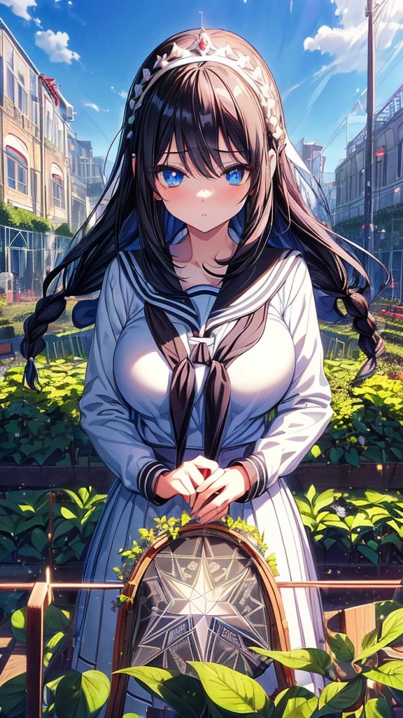 best quality, extremely detailed,anime style girl,long hair down to the waist, straight hair, ((dark black hair with bluish)),braid,beautiful detailed eyes, pinched eyes, (dark blue eyes),huge breasts,curvy,((((white main princess school uniform)))),clothing with complex patterns,cool expression,((((school garden)))),((Diagonal angle)),dynamic angle