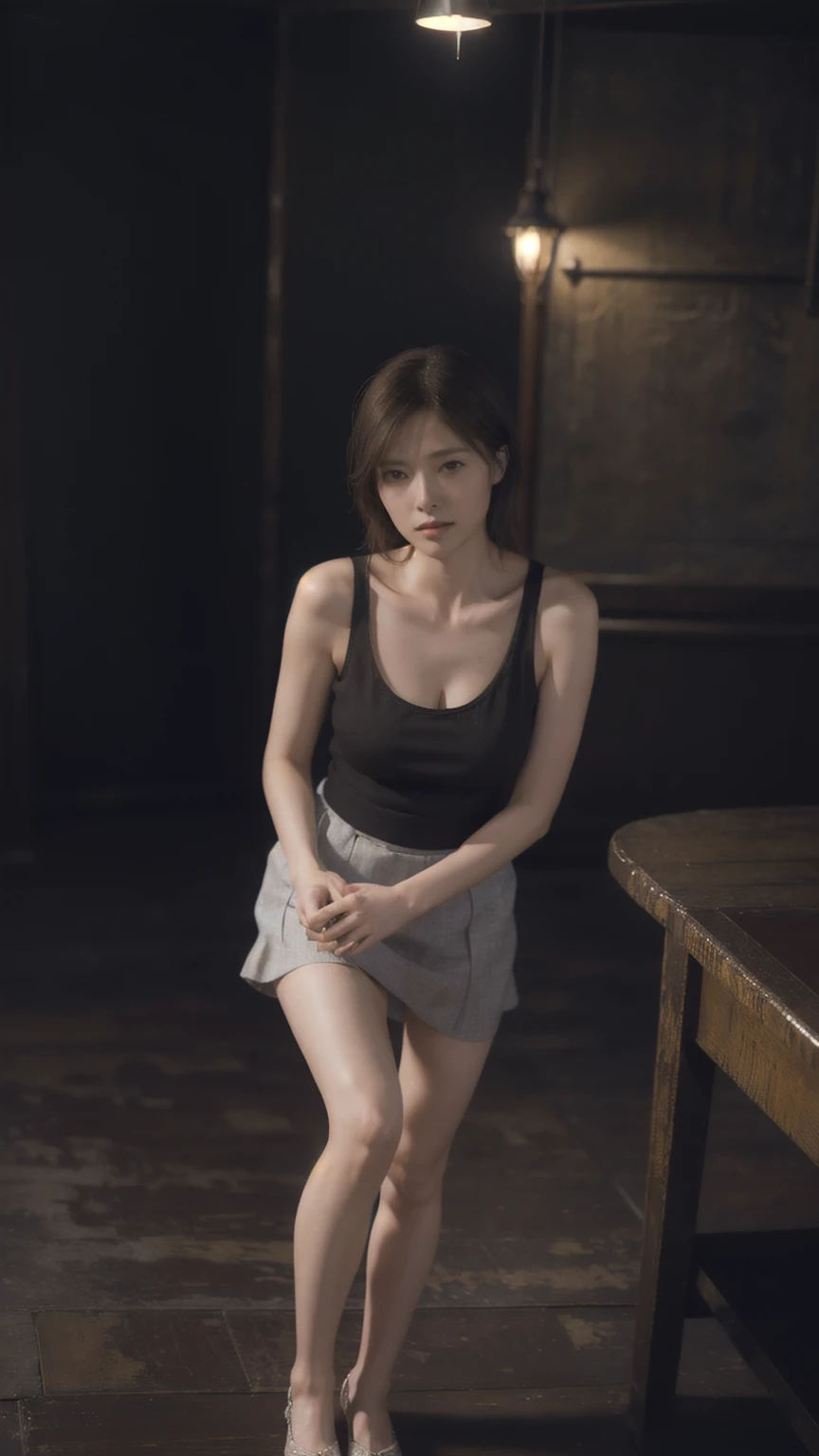 1girl, woman, masterpiece, best quality, highest quality, cinematic lighting, (volumetric lighting), extremely detailed CG unity 8k wallpaper, focused, 8k wallpaper, extremely detailed, ultra realistic, photorealistic, sharp focus, absurdres, (HDR:1.2), (high contrast), photograph, detailed and intricate, instagram, portrait, highly detailed, digital painting, artstation, concept art, smooth, sharp focus, illustration, cinematic lighting, (natural big breast), black short skirt, eyes looking at the viewer, ((medium shoulder)), (skinny legs), (slender body), (((height 163cm))), (HQ skin:1.4, Realistic human body structure), (Full body:1.4), (aerial shot photo), (wearing knit tank top, short skirt), (real skin of thighs)