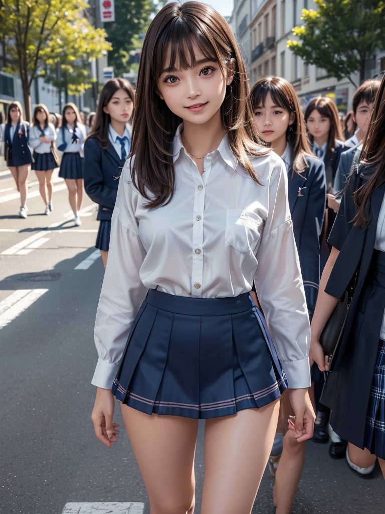 (8k, RAW Photos, Highest quality, masterpiece:1.2), (Realistic, photo-Realistic:1.4), (extremely detailed 8k wallpaper), ((Full Body Shot)), (((1 girl))), Sharp focus, Depth of written boundary, Cinematic lighting, Soft Light, (緻密な美しさのeye, eye_Chan, Very beautiful 17 year old girl, innocent big eyes, Realistic, photo Realistic, Highly detailed cute girl, (Thin thighs), (Model body type), (Brown Hair), (Medium Bob Hair), (Asymmetrical bangs), ((A happy smile)), Glowing Skin, Ultra-dense skin ,High resolution, High Detail, Detailed hairstyle, Detailed facial beauty, hyper Realistic, Perfect limbs, Perfect Anatomy, Perfect female body, (school uniform:1.3),(Mini Skirt Navy blue checked micro mini skirt), Watching the audience, (Crowded city street:1.3)