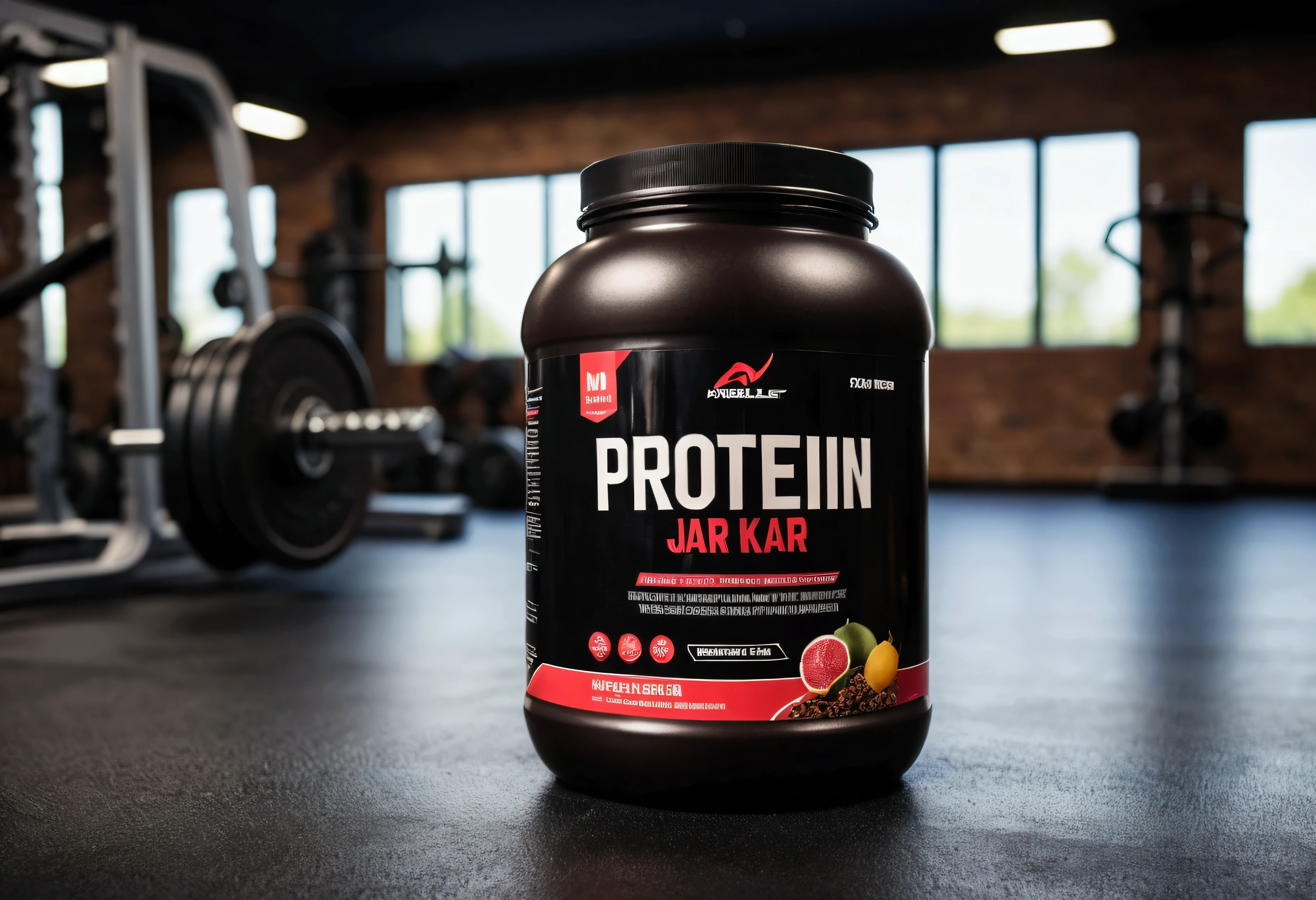 a picture of a protein jar (solid dark color jar) on the floor (no label on the jar), gym in the background like in a commercial, gym out of focus
