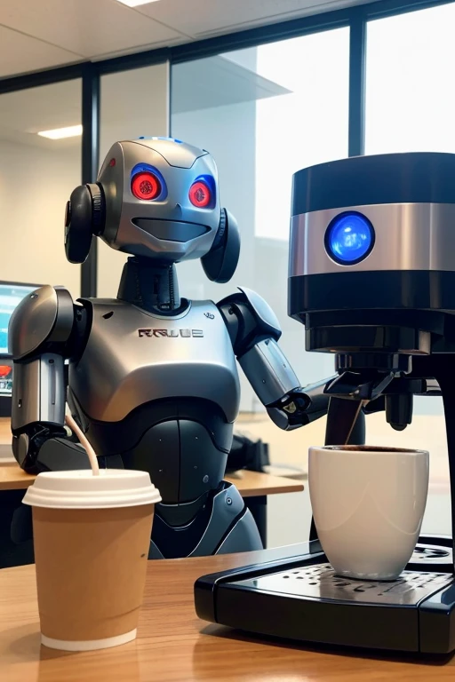 Robot surprises with spilled coffee: In a high-tech office cafeteria, a humanoid robot standing next to a coffee machine accidentally knocks over its own cup, spreading coffee all over the desk. The robot's LED eyes are wide open and "Oops!" is displayed. People around me are smiling