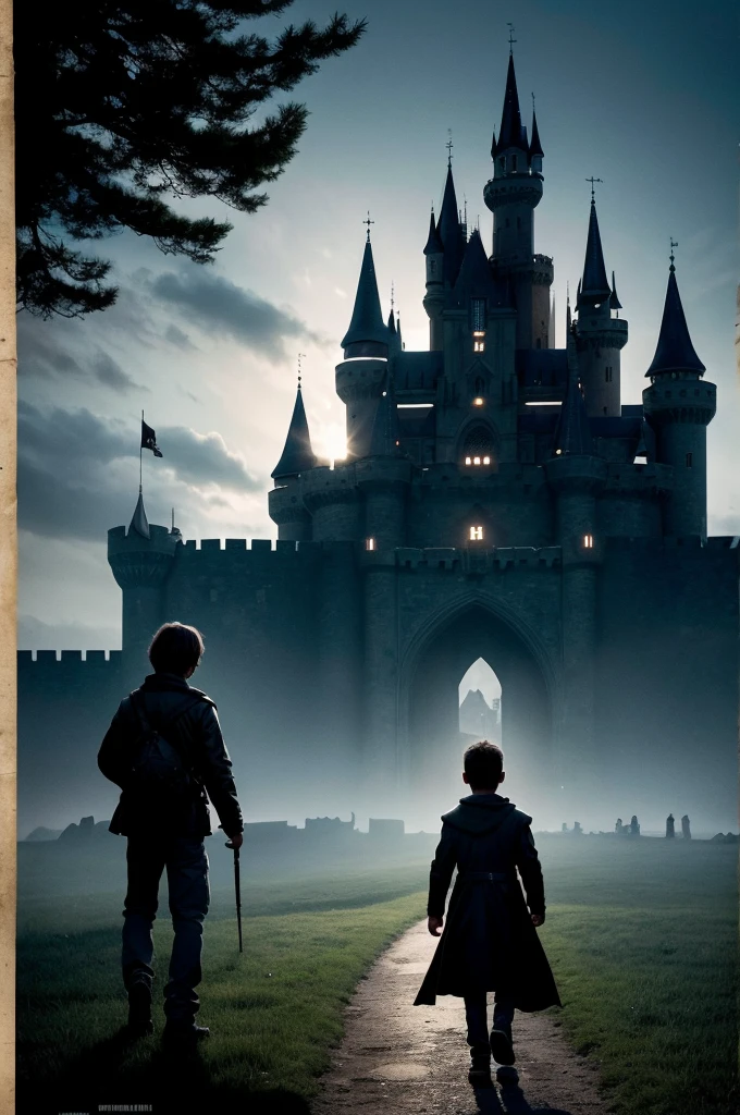 A shadow of a boy in civilian clothes, approaching a large castle in the darkness of the night, a fantasy atmosphere. ethereal. magic.  Poster for an untitled film. The boy&#39;s hair is shiny black, and his eyebrows are furrowed in determination. The boy is handsome
