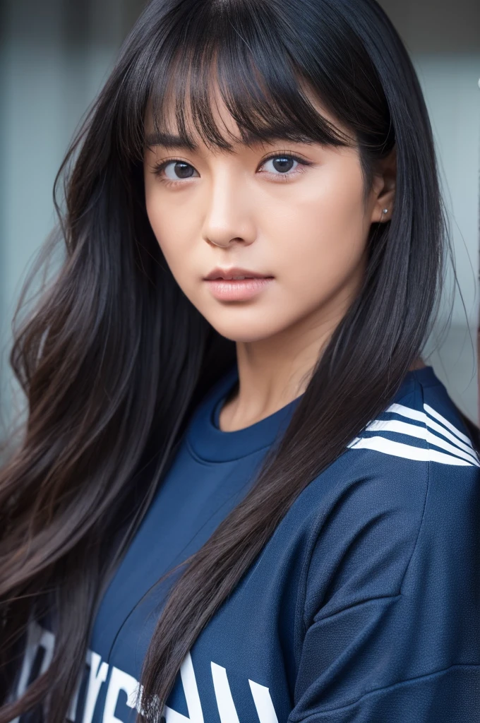 30-year-old woman,Long face,Black Hair,Asian,Long Hair,Long Bangs,Blue Eyes,Dark Skin,Adidas,Jersey