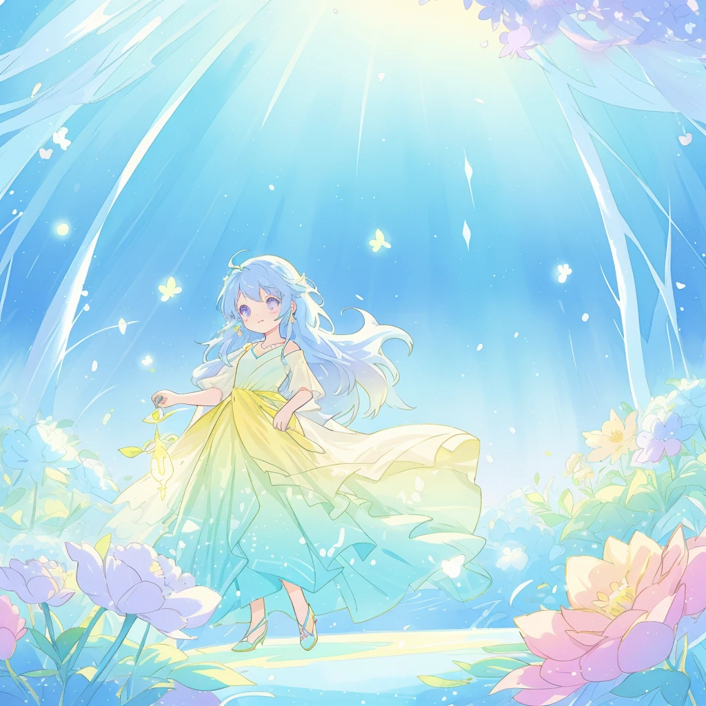 beautiful girl in yellow mint gradient flowing dress, long flowing blue purple hair, colorful fantasia background, watercolor illustration, disney art style, glowing aura around her, glowing lights, beautiful digital illustration, fantasia otherworldly landscape plants flowers, beautiful, masterpiece, best quality, anime disney style