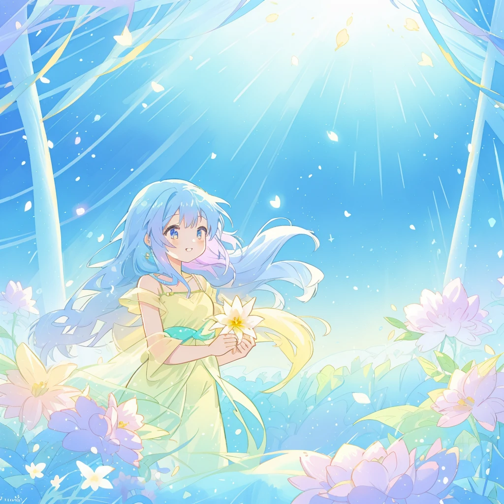 beautiful girl in yellow mint gradient flowing dress, long flowing blue purple hair, colorful fantasia background, watercolor illustration, disney art style, glowing aura around her, glowing lights, beautiful digital illustration, fantasia otherworldly landscape plants flowers, beautiful, masterpiece, best quality, anime disney style