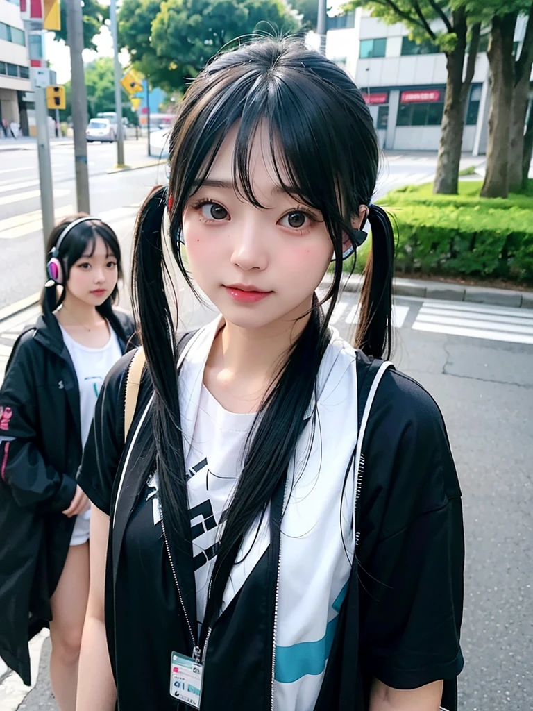 40-year-old Japanese woman、Black Hair、Hair is very short、Twin tails、Hatsune Miku Costume、Headphones、Flat Chest、Realistic photos、Realistic、8K quality、expensive、No bangs、Street Snap、