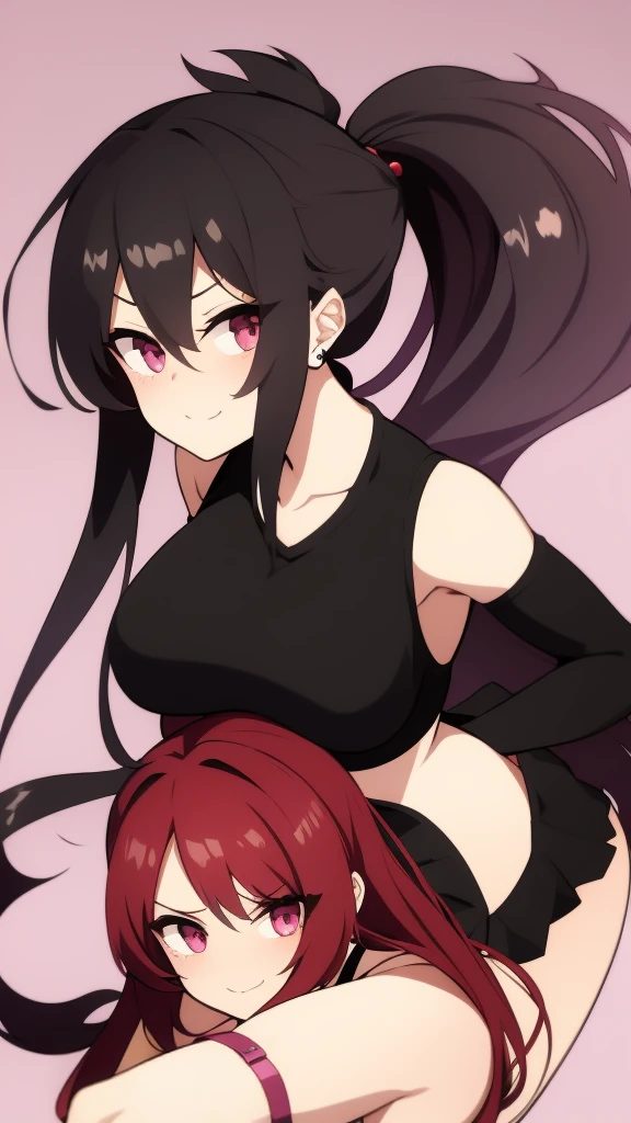 High tail hairstyle, Ponytail hairstyle, Long wavy black hair, standing posing, anime girl style, pixel art anime style,penetrating look with deep eyes,red and purple eyes, hair with a ponytail hairstyle trapped with a big red bun, women, red hair clips, x color shaped hair clips , smiling face blush, next to his bed, lingerie, tank top, Black hair, mini skirt, big thighs,