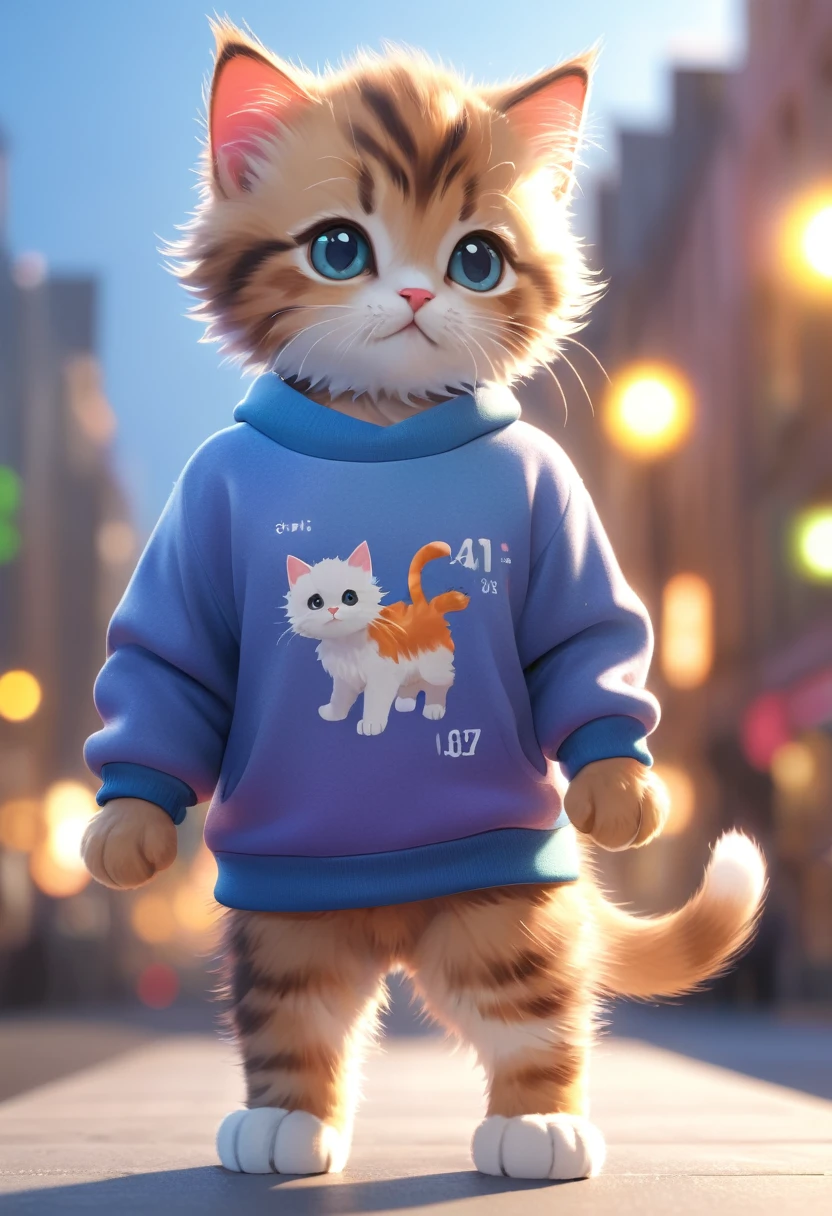Cute kitten,Hairy,wear sweatshirt, blurred city background, Cute numbers, 3D Rendering, Bright light, Vibrant colors,
