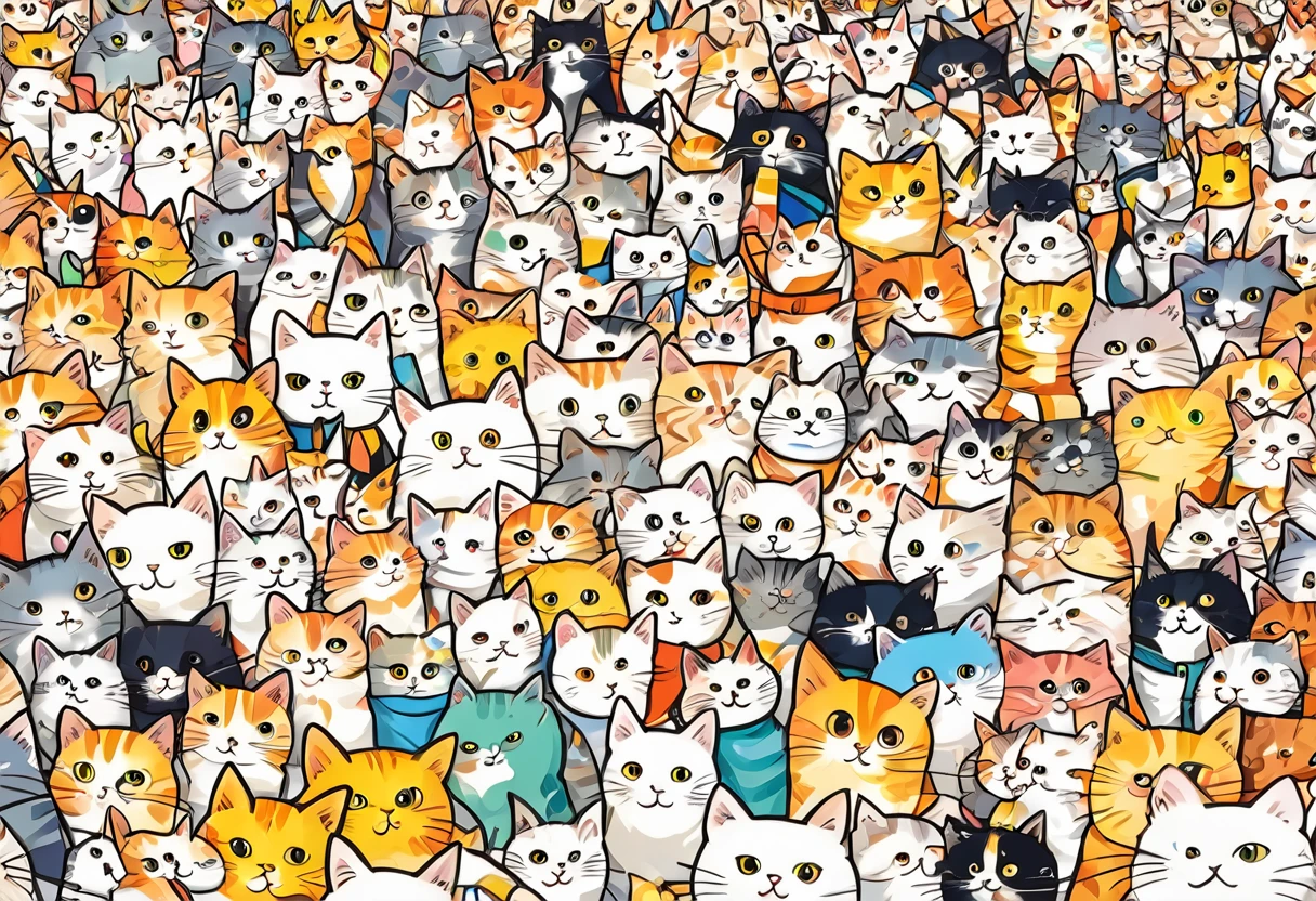 there are many Cat that are all wearing clothes together, Manga by Naoyuki Nakamura, Shutterstock, naive art, Cat, CatCatCat, Cat , Cat! Stay around, cute Cat, Cat cat dreamCat, cat cat dreamCat, Colorful crowd, meeting of the Cat, Very crowded, Crowded and populated, Crazy Cat Lady