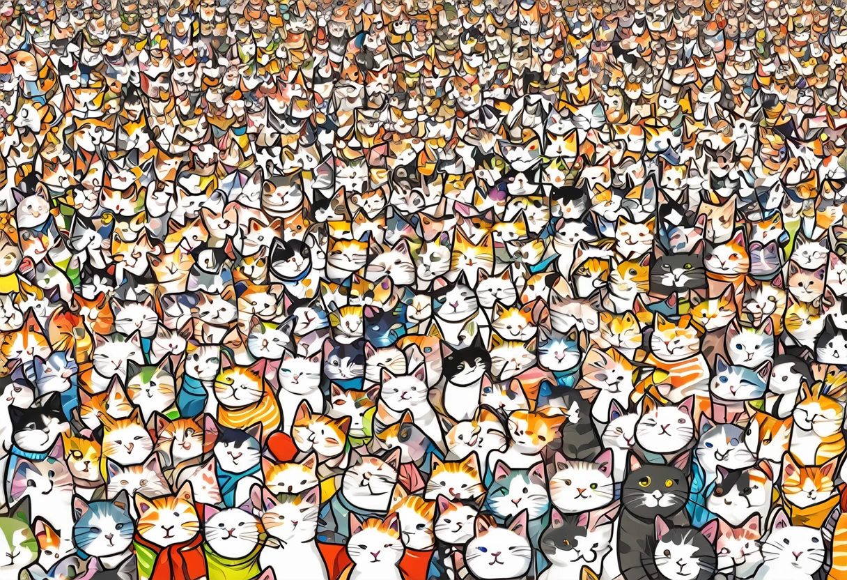 there are many Cat that are all wearing clothes together, Manga by Naoyuki Nakamura, Shutterstock, naive art, Cat, CatCatCat, Cat , Cat! Stay around, cute Cat, Cat cat dreamCat, cat cat dreamCat, Colorful crowd, meeting of the Cat, Very crowded, Crowded and populated, Crazy Cat Lady