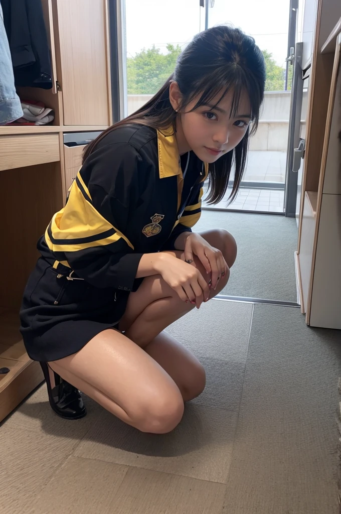1 girl with almost short hair wearing a yellow short-sleeved uniform shirt with black stripes on the shoulders and short black shorts with yellow stripes on the sides and made of synthetic material and she drops her books and bends down to pick them up and she looks good assed and sexy and a boy looks at her sexily and comes and takes a picture of her butt from below and she looks good assed and sexy seen from the boy's cell phone camera