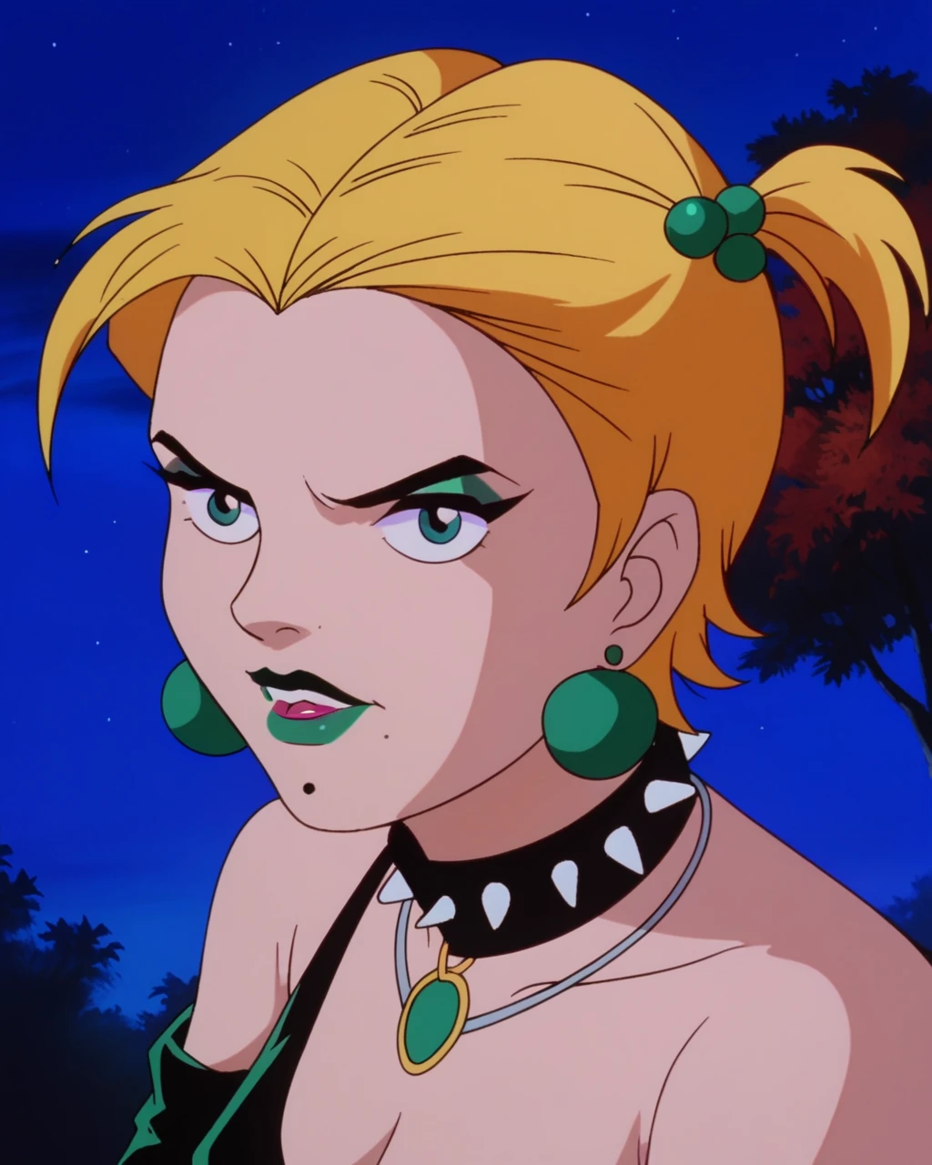 score_9, score_8_up, score_7_up, zPDXL, SD90style, retro artstyle, source_cartoon, 2D, goth fashion, Duskhex, Green lipstick, no eyebrows, green earrings, jewelry, blonde hair, spiked collar, mole under mouth, makeup, spikes, sky, hair ornament, choker, lipstick, hair bobbles, night, black eyes, short hair, breasts, lipstick, makeup, nude, ass