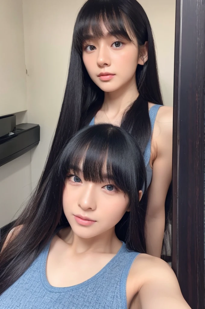30-year-old woman,Long face,Black Hair,Asian,Long Hair,Long Bangs,Blue Eyes,Dark Skin,Selfie,Track pants