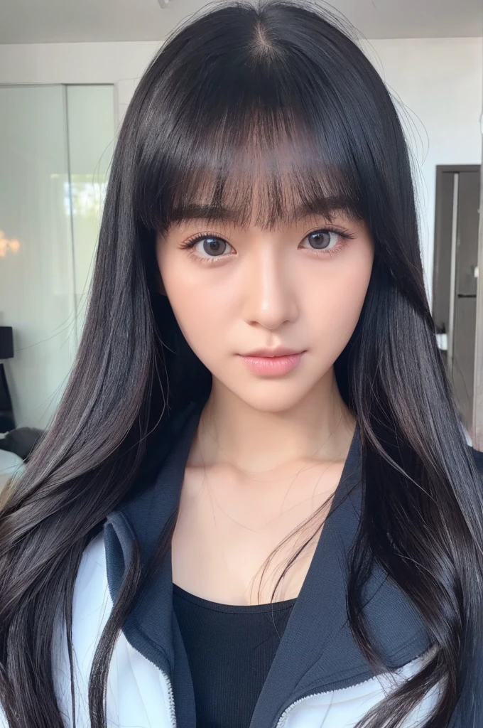 30-year-old woman,Long face,Black Hair,Asian,Long Hair,Long Bangs,Blue Eyes,Dark Skin,Selfie,Track pants