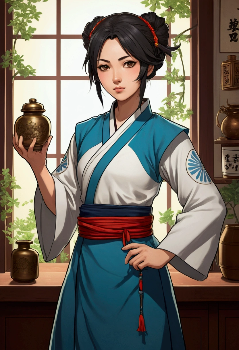 A character in the art style of the anime called "the apothecary diaries" with mao mao. She is a fighter, but wears traditional clothes (2d) (copy the anime art style)