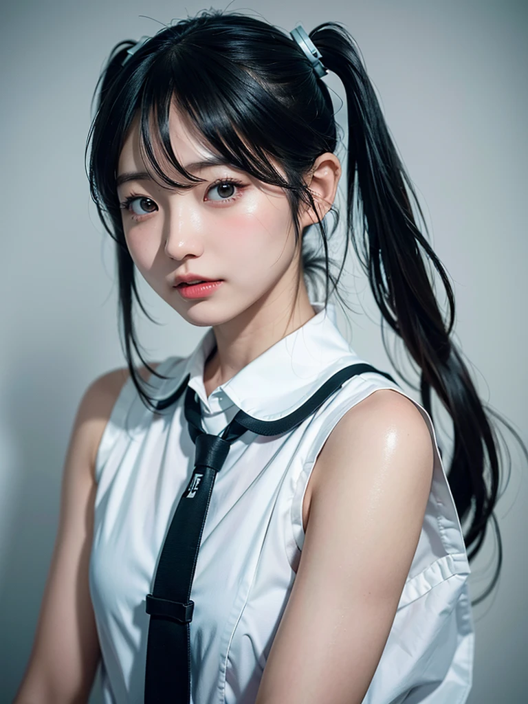 40-year-old Japanese woman、Black Hair、Hair is very short、Twin tails、Hatsune Miku Costume、Headphones、Flat Chest、Realistic photos、Realistic、8K quality、expensive、No bangs、Beach、High resolution, Highest quality, Anatomically correct, Winner of numerous awards, Ultra high definition,