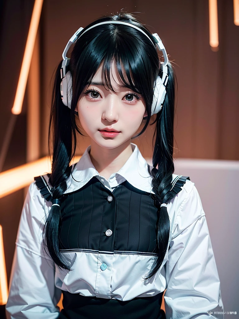 40-year-old Japanese woman、Black Hair、Hair is very short、Twin tails、Hatsune Miku Costume、Headphones、Flat Chest、Realistic photos、Realistic、8K quality、expensive、No bangs、Beach、High resolution, Highest quality, Anatomically correct, Winner of numerous awards, Ultra high definition,