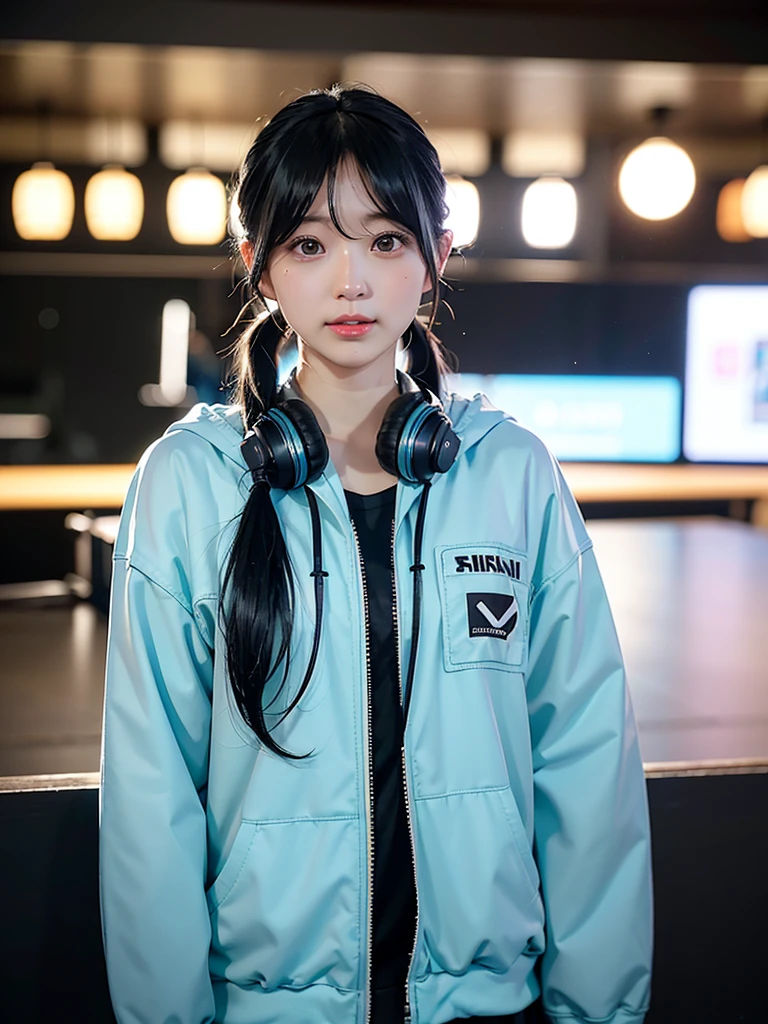 40-year-old Japanese woman、Black Hair、Hair is very short、Twin tails、Hatsune Miku Costume、Headphones、Flat Chest、Realistic photos、Realistic、8K quality、expensive、No bangs、Beach、High resolution, Highest quality, Anatomically correct, Winner of numerous awards, Ultra high definition, 